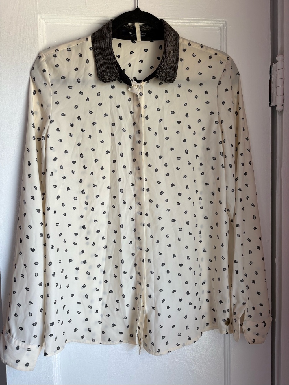 Maison Scotch Amsterdams Blauw Chain Link Collar Lip Kiss Print Blouse Size 2